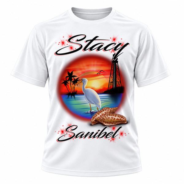 Personalized Lighthouse and Bird T-Shirt, front-view T-shirt mockup featuring custom Air-Volution artwork by Mythic Airbrush