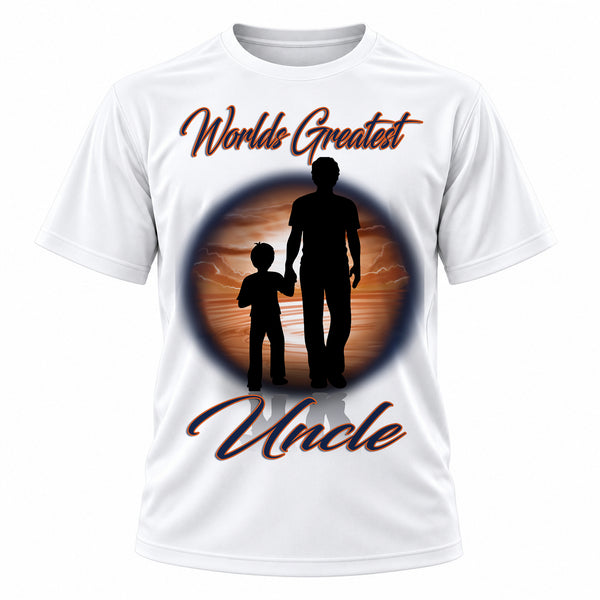 Personalized Dad and Son Landscape T-Shirt, front-view T-shirt mockup featuring custom Air-Volution artwork by Mythic Airbrush