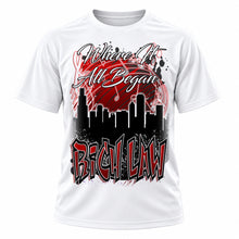 Personalized Urban City Building Landscape T-Shirt, front-view T-shirt mockup featuring custom Air-Volution artwork by Mythic Airbrush