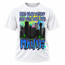 Personalized Urban City Building Landscape T-Shirt, front-view T-shirt mockup featuring custom Air-Volution artwork by Mythic Airbrush