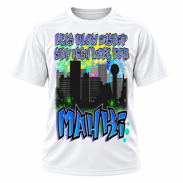 Personalized Urban City Building Landscape T-Shirt, front-view T-shirt mockup featuring custom Air-Volution artwork by Mythic Airbrush