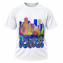 Personalized Urban City Building Landscape T-Shirt, front-view T-shirt mockup featuring custom Air-Volution artwork by Mythic Airbrush