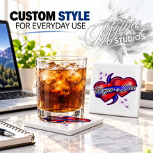 F001 Hearts and Ribbon ceramic coaster by Mythic Airbrush, original Air-Volution design — product image 2