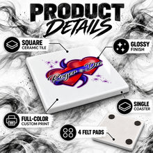 F001 Hearts and Ribbon ceramic coaster by Mythic Airbrush, original Air-Volution design — product image 3