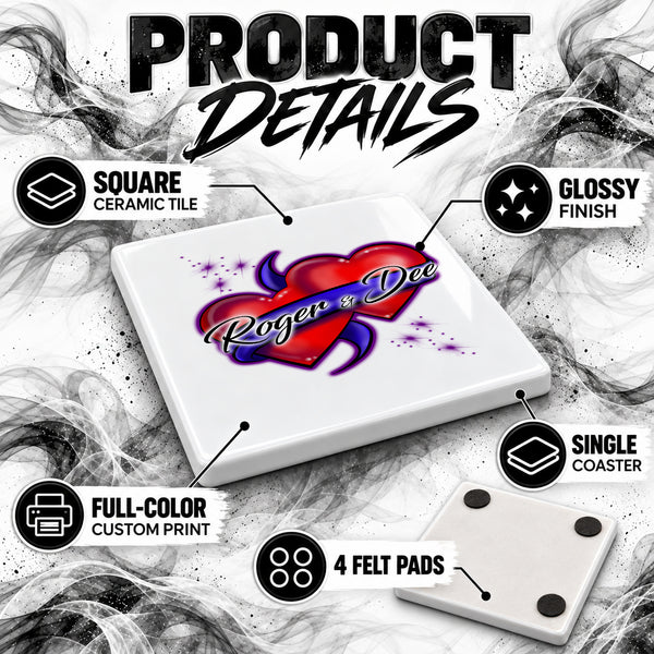 F001 Hearts and Ribbon ceramic coaster by Mythic Airbrush, original Air-Volution design — product image 3