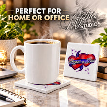 F001 Hearts and Ribbon ceramic coaster by Mythic Airbrush, original Air-Volution design — product image 4
