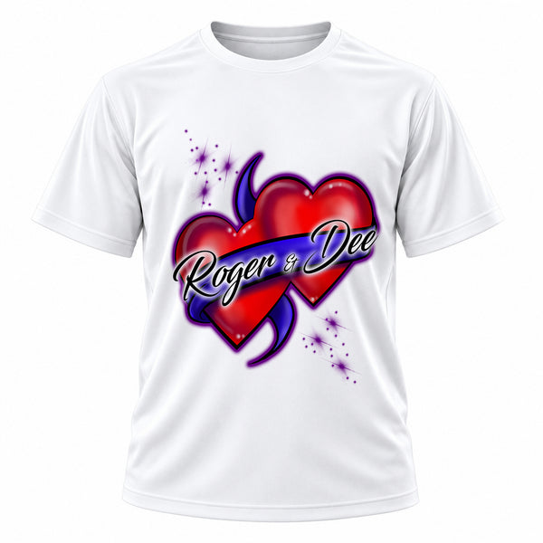 Personalized Hearts and Ribbon T-Shirt, front-view T-shirt mockup featuring custom Air-Volution artwork by Mythic Airbrush