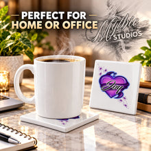 F002 Heart And Ribbon ceramic coaster by Mythic Airbrush, original Air-Volution design — product image 4