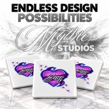F002 Heart And Ribbon ceramic coaster by Mythic Airbrush, original Air-Volution design — product image 6