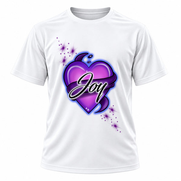 Personalized Heart And Ribbon T-Shirt, front-view T-shirt mockup featuring custom Air-Volution artwork by Mythic Airbrush