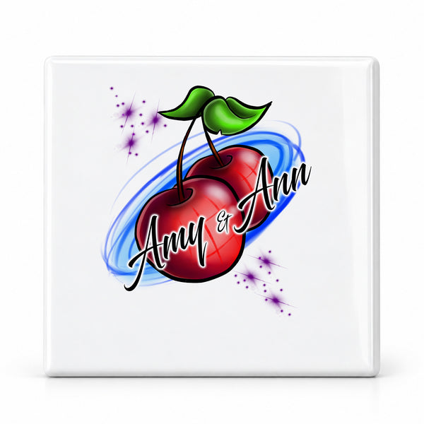 F003 Best Friend Cherries ceramic coaster by Mythic Airbrush, original Air-Volution design — main image