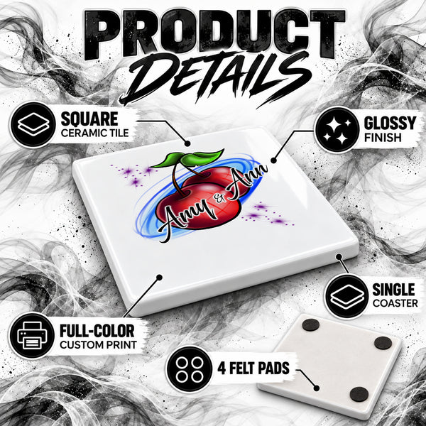 F003 Best Friend Cherries ceramic coaster by Mythic Airbrush, original Air-Volution design — product image 3