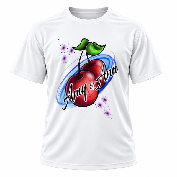 Personalized Best Friend Cherries T-Shirt, front-view T-shirt mockup featuring custom Air-Volution artwork by Mythic Airbrush