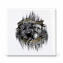F005 Drama Faces ceramic coaster by Mythic Airbrush, original Air-Volution design — main image