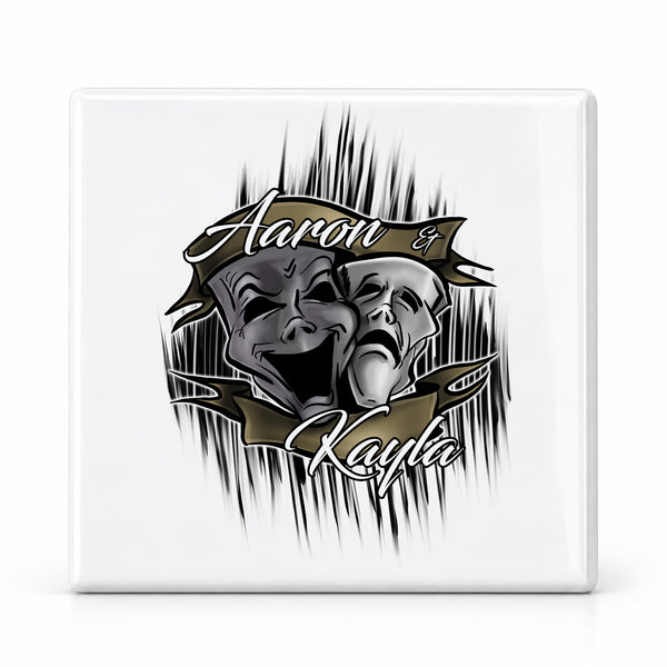 F005 Drama Faces ceramic coaster by Mythic Airbrush, original Air-Volution design — main image