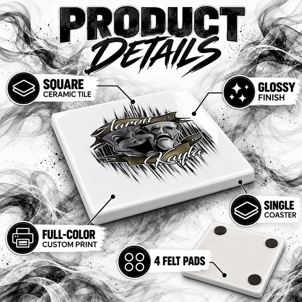F005 Drama Faces ceramic coaster by Mythic Airbrush, original Air-Volution design — product image 3