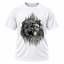 Personalized Drama Faces T-Shirt, front-view T-shirt mockup featuring custom Air-Volution artwork by Mythic Airbrush