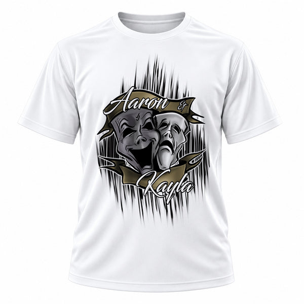 Personalized Drama Faces T-Shirt, front-view T-shirt mockup featuring custom Air-Volution artwork by Mythic Airbrush