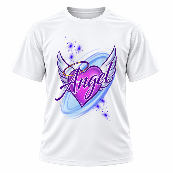 Personalized Angel Wings T-Shirt, front-view T-shirt mockup featuring custom Air-Volution artwork by Mythic Airbrush