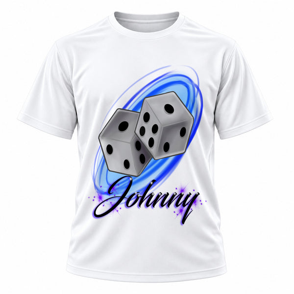 Personalized Dice T-Shirt, front-view T-shirt mockup featuring custom Air-Volution artwork by Mythic Airbrush