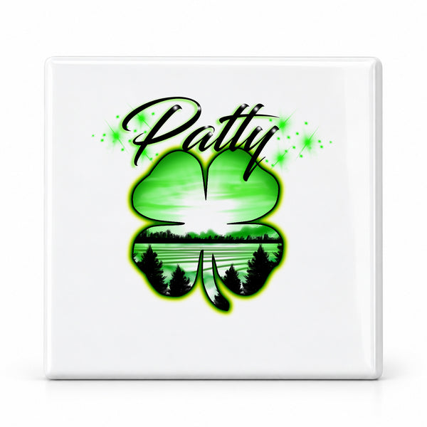 F009 4 Leaf Clover ceramic coaster by Mythic Airbrush, original Air-Volution design — main image