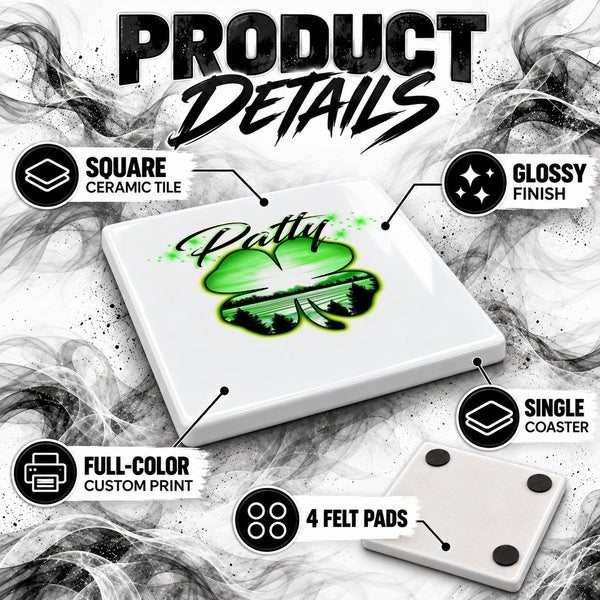 F009 4 Leaf Clover ceramic coaster by Mythic Airbrush, original Air-Volution design — product image 3