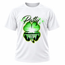 Personalized 4 Leaf Clover T-Shirt, front-view T-shirt mockup featuring custom Air-Volution artwork by Mythic Airbrush