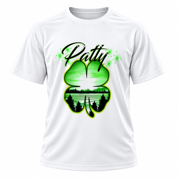 Personalized 4 Leaf Clover T-Shirt, front-view T-shirt mockup featuring custom Air-Volution artwork by Mythic Airbrush