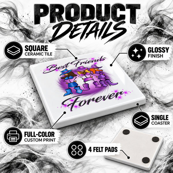 F011 Stick Figure Girls ceramic coaster by Mythic Airbrush, original Air-Volution design — product image 3