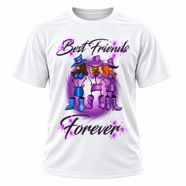 Personalized Stick Figure Girls T-Shirt, front-view T-shirt mockup featuring custom Air-Volution artwork by Mythic Airbrush