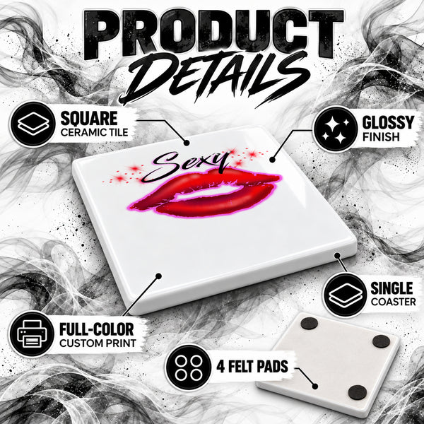 F012 Sexy Lips ceramic coaster by Mythic Airbrush, original Air-Volution design — product image 3