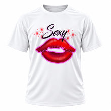 Personalized Sexy Lips T-Shirt, front-view T-shirt mockup featuring custom Air-Volution artwork by Mythic Airbrush