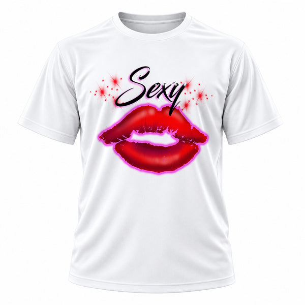 Personalized Sexy Lips T-Shirt, front-view T-shirt mockup featuring custom Air-Volution artwork by Mythic Airbrush