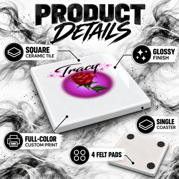 F014 Rose Flower ceramic coaster by Mythic Airbrush, original Air-Volution design — product image 3