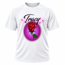Personalized Rose Flower T-Shirt, front-view T-shirt mockup featuring custom Air-Volution artwork by Mythic Airbrush