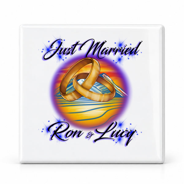 F015 Wedding Rings ceramic coaster by Mythic Airbrush, original Air-Volution design — main image