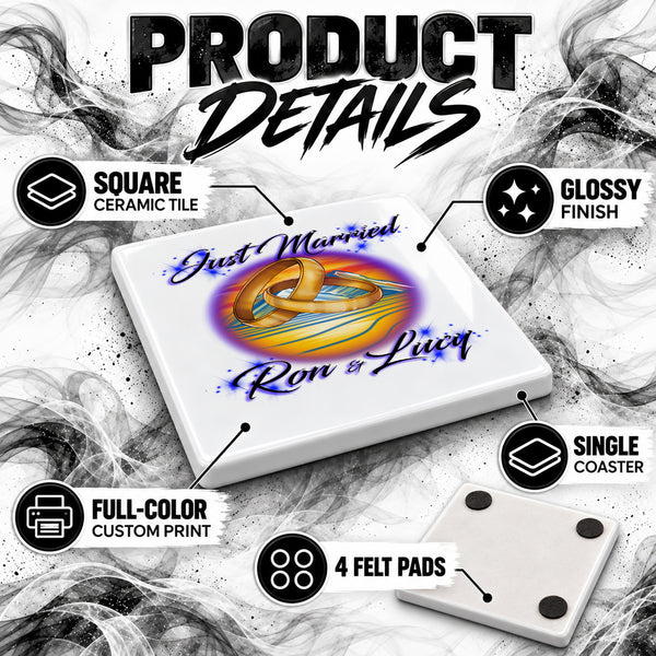 F015 Wedding Rings ceramic coaster by Mythic Airbrush, original Air-Volution design — product image 3