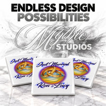 F015 Wedding Rings ceramic coaster by Mythic Airbrush, original Air-Volution design — product image 6