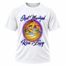 Personalized Wedding Rings T-Shirt, front-view T-shirt mockup featuring custom Air-Volution artwork by Mythic Airbrush