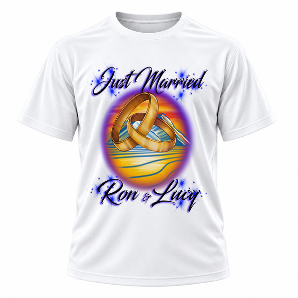 Personalized Wedding Rings T-Shirt, front-view T-shirt mockup featuring custom Air-Volution artwork by Mythic Airbrush