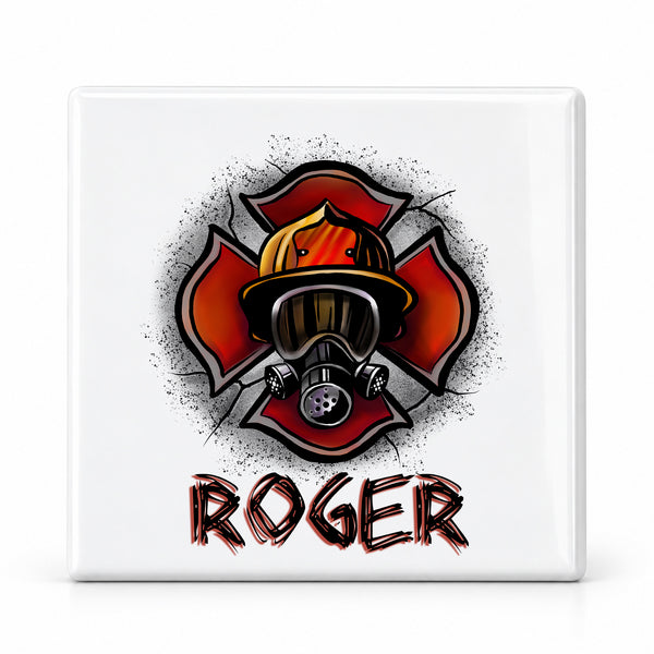 F018 Firefighter ceramic coaster by Mythic Airbrush, original Air-Volution design — main image