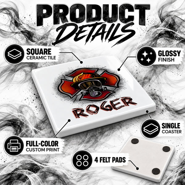 F018 Firefighter ceramic coaster by Mythic Airbrush, original Air-Volution design — product image 3