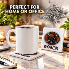 F018 Firefighter ceramic coaster by Mythic Airbrush, original Air-Volution design — product image 4