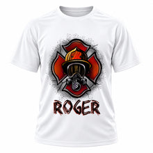 Personalized Firefighter T-Shirt, front-view T-shirt mockup featuring custom Air-Volution artwork by Mythic Airbrush