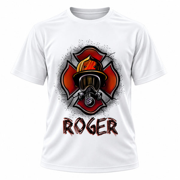 Personalized Firefighter T-Shirt, front-view T-shirt mockup featuring custom Air-Volution artwork by Mythic Airbrush