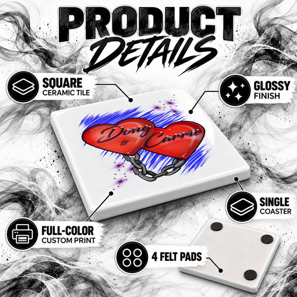 F024 Heart and Chain ceramic coaster by Mythic Airbrush, original Air-Volution design — product image 3