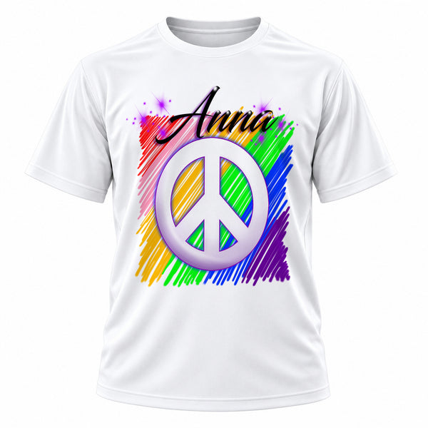 Personalized Peace Sign T-Shirt, front-view T-shirt mockup featuring custom Air-Volution artwork by Mythic Airbrush