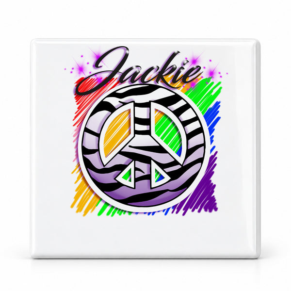 F026 Zebra Peace Sign ceramic coaster by Mythic Airbrush, original Air-Volution design — main image