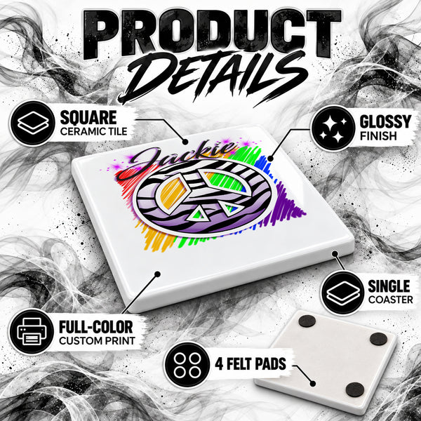 F026 Zebra Peace Sign ceramic coaster by Mythic Airbrush, original Air-Volution design — product image 3