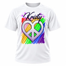 Personalized Peace Heart T-Shirt, front-view T-shirt mockup featuring custom Air-Volution artwork by Mythic Airbrush